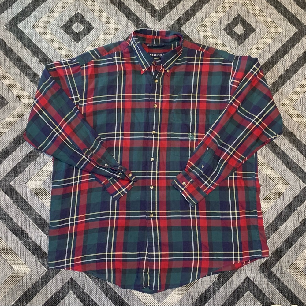 90s Nautica Long Sleeve Striped Red & Green Button Down